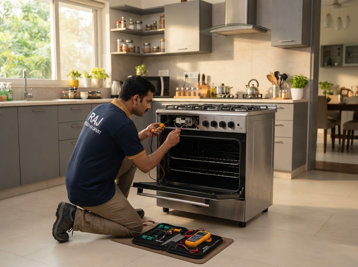 Technician servicing a cooking range in Bengaluru