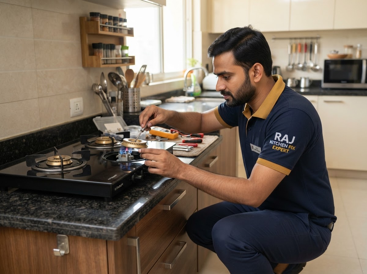 Technician servicing a built-in gas hob in Bengaluru